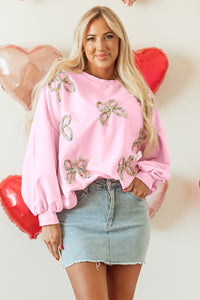 Pink Embroidered Bow Oversized Sweatshirt