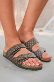 Coffee Geometric Print Cut Out Buckle PU Leather Flat Slippers