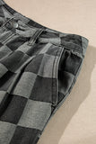 Dark Grey Checkered Denim Wide Leg Jeans
