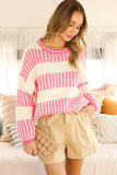 Crew Neck Color Blocked Knitted Sweater: PINK