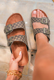 Coffee Geometric Print Cut Out Buckle PU Leather Flat Slippers