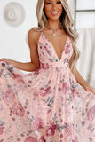Pink Floral Pleated Bust Deep V Empire Waist Backless Maxi Dress