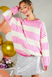 Crew Neck Color Blocked Knitted Sweater: PINK