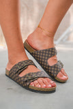Coffee Geometric Print Cut Out Buckle PU Leather Flat Slippers