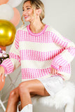 Crew Neck Color Blocked Knitted Sweater: PINK